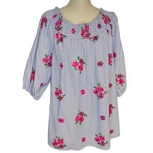 Melissa Paige Woman Blue & White Striped Blouse with Embroidery XL